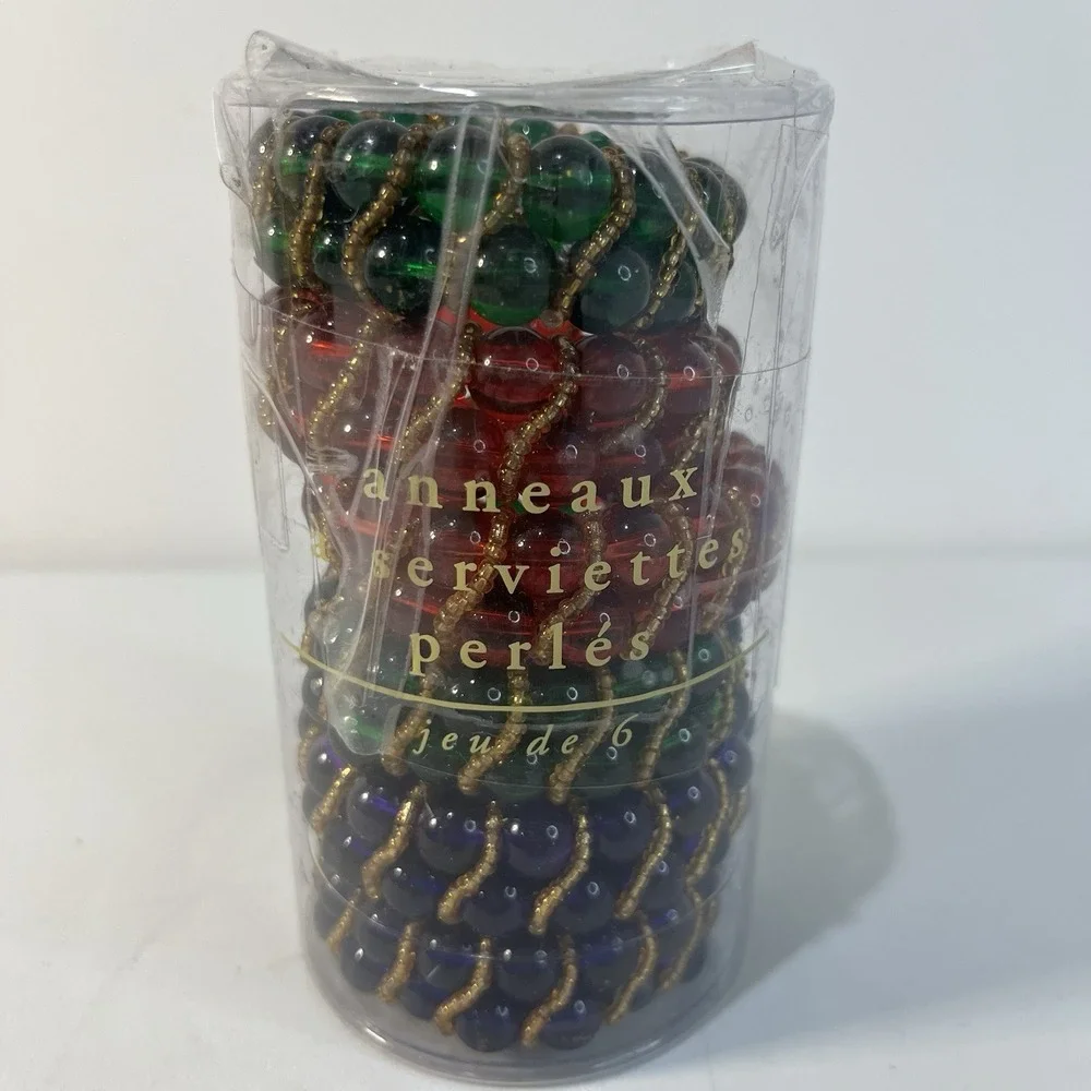 Pier 1 Imports Glass Beaded Napkin Rings Holders 6 Red Blue Green Gold Decor